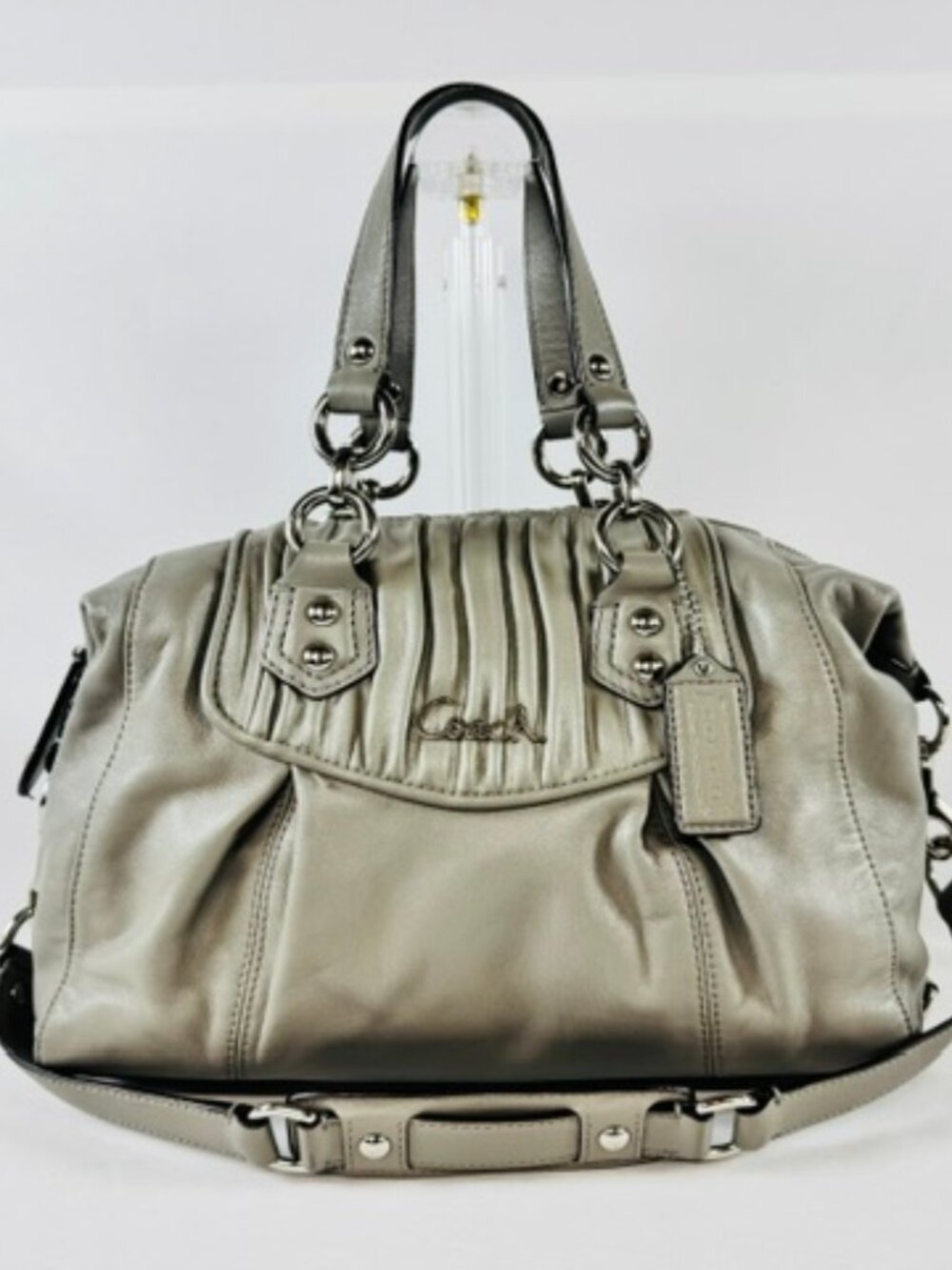Coach Ashley Grey Pleated Leather Satchel Shoulder Bag F19452 Convertible